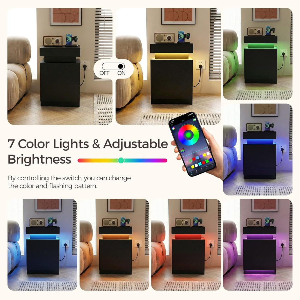 Black Nightstands Set of 2 Modern Nightstand with Charging Station