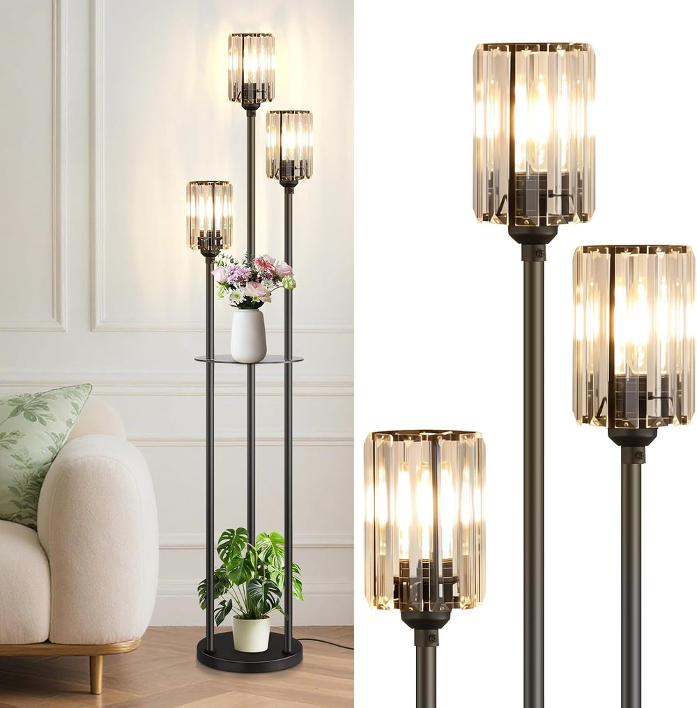 Crystal Standing Floor Lamp with Shelves for Living Room 67" Tall Black