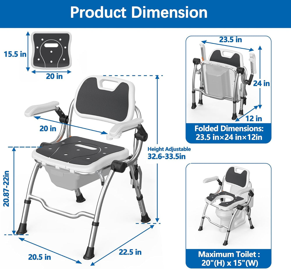 3 in 1 Folding Bedside Commode Chair, Shower Chair for Inside Shower