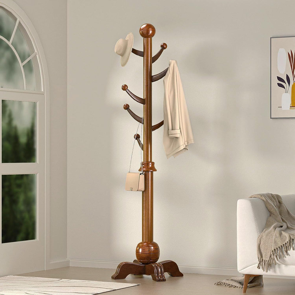 Wooden Coat Rack, 7 Hooks Freestanding Wood Coat Tree Rack with Stable Base