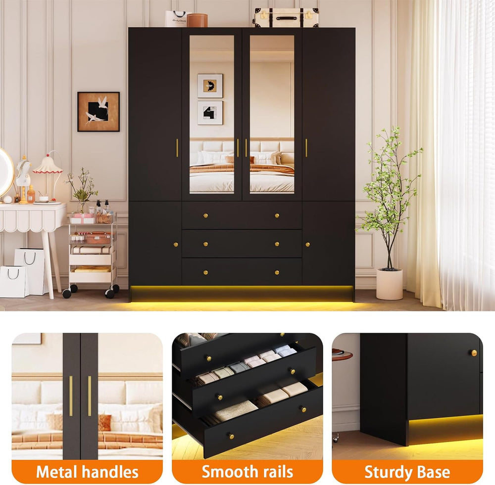 4 Doors LED Armoire Wardrobe Closet with Mirror, 75" Tall Modern Wooden ...
