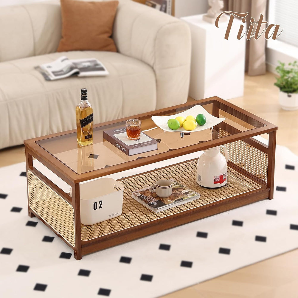 Tiita Large Bamboo Rectangle Coffee Table, Glass Top, Rattan Storage, Brown