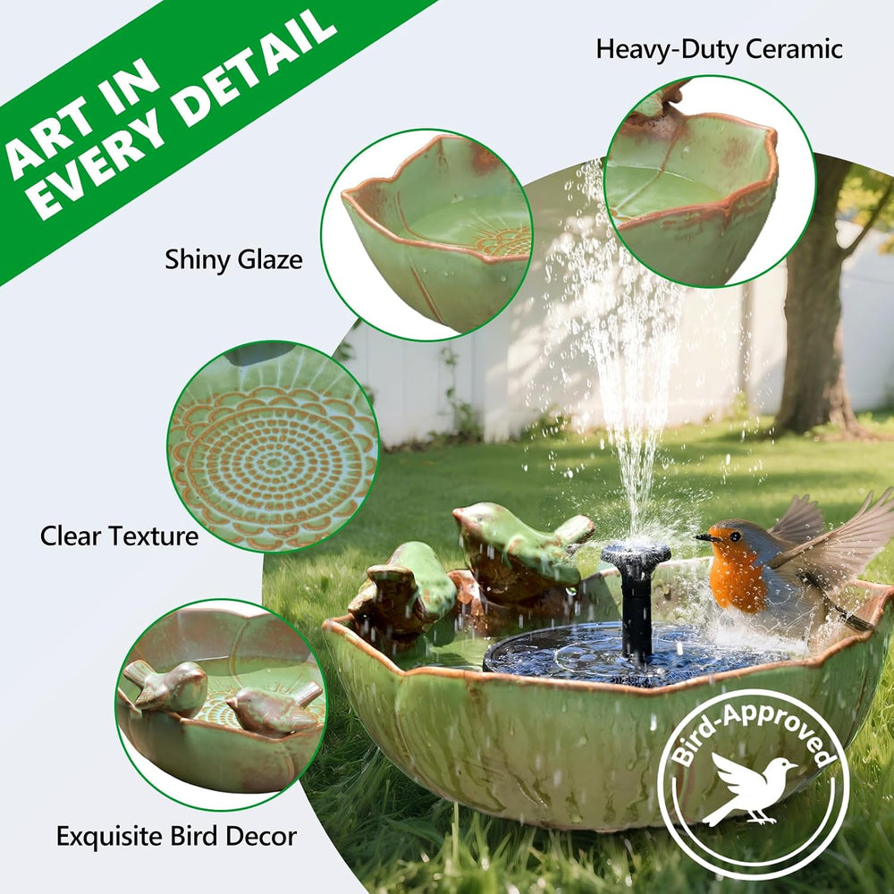 Solar Powered Ceramic Bird Bath for Outdoors, 10.1" Hummingbird Solar Fo...