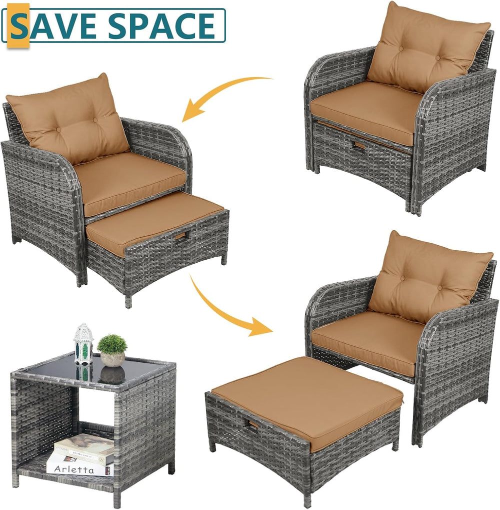 5 Pieces PE Wicker Outdoor Chairs with Ottomans, 5 PCS Rattan Patio Furniture...