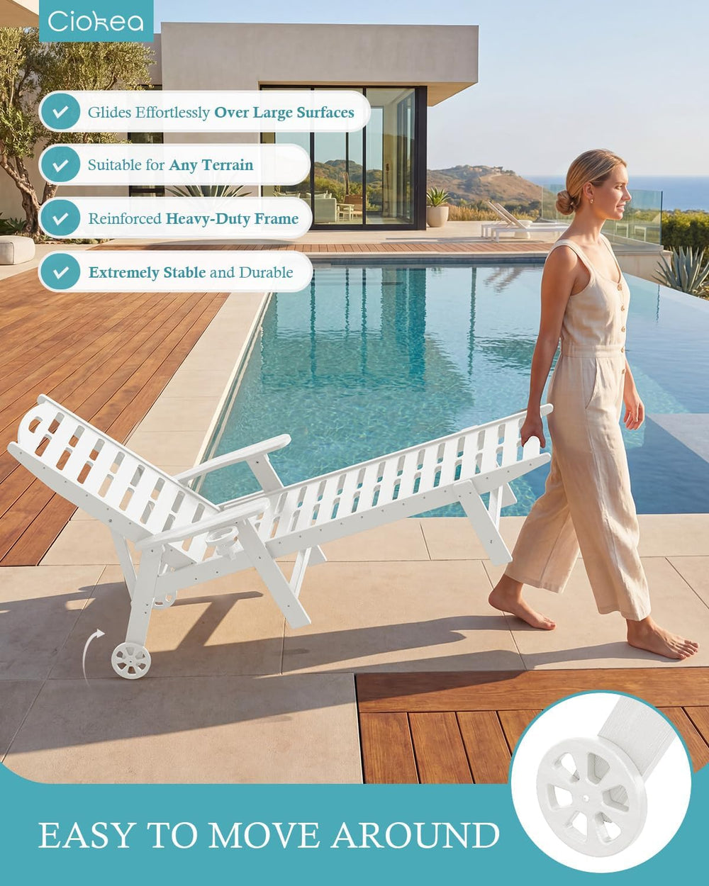 Ciokea Outdoor Chaise Lounge Chair, 5-Position Adjustable, White