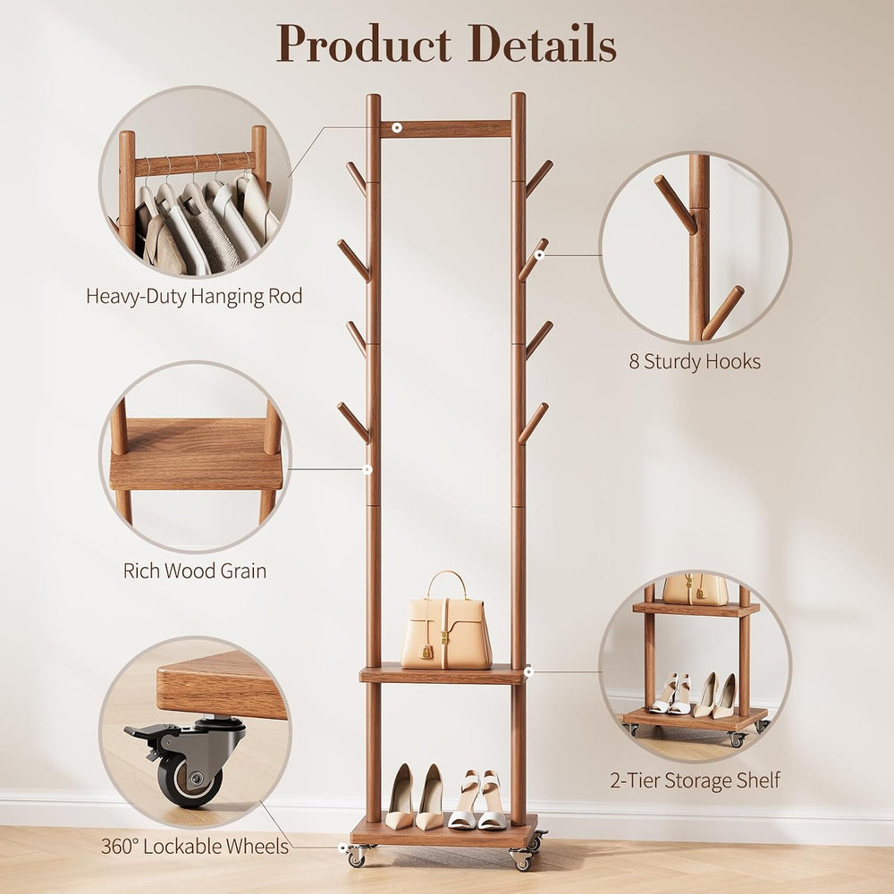 Yoobure Solid Wood Coat Rack Freestanding - Rolling Clothes Rack with 8 Hooks...