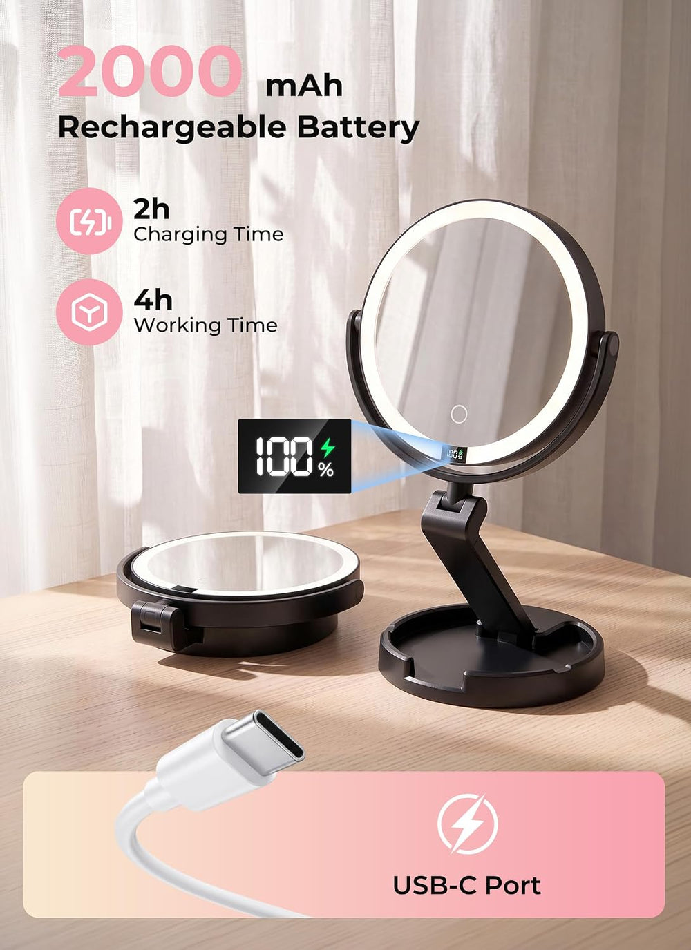 Lighted Travel Makeup Mirror,1X/10X Magnification,3 Light Modes,Black