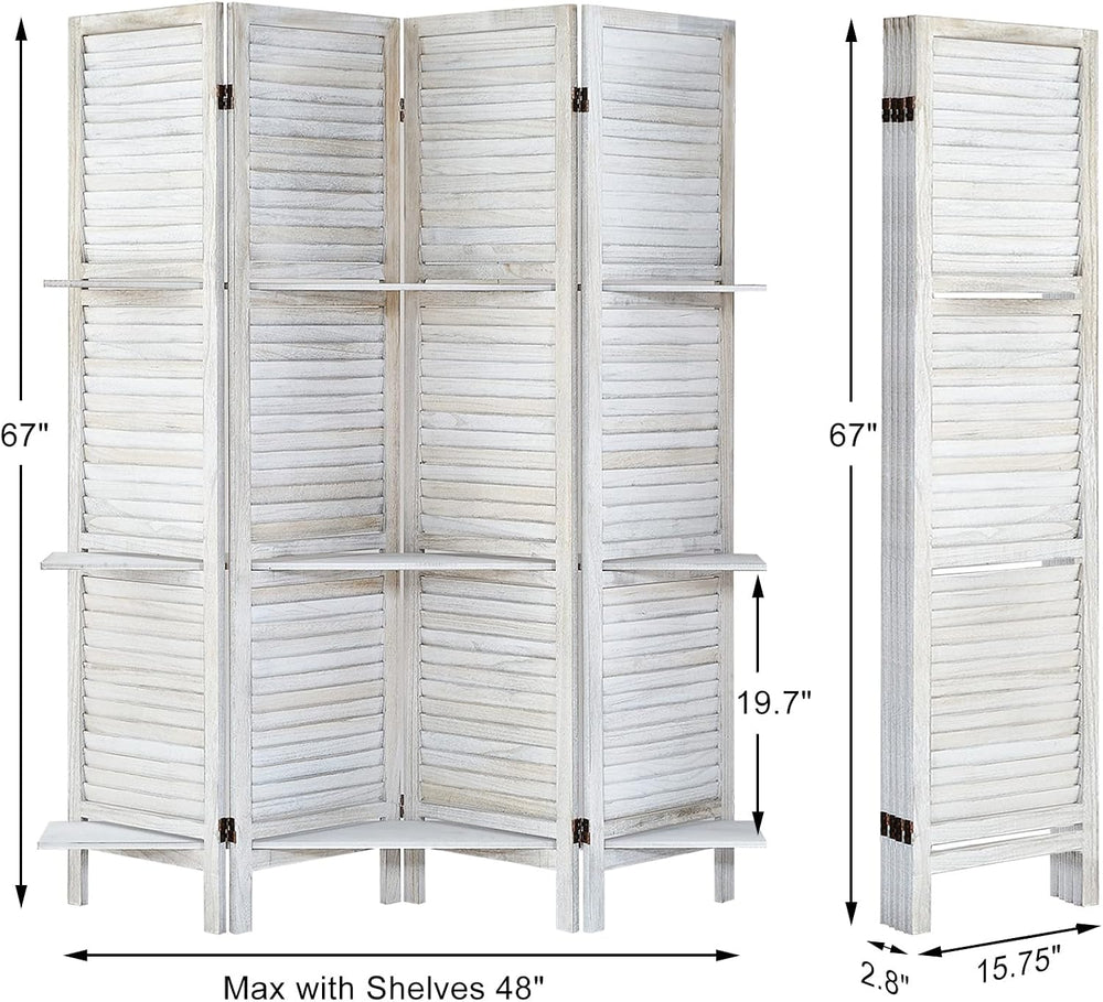 Room Divider with Shelves,4 Panel Distressed White