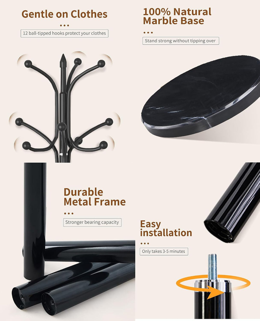 Snaikor Metal Coat Rack Freestanding, Sturdy Coat Rack Stand with Natural Mar...