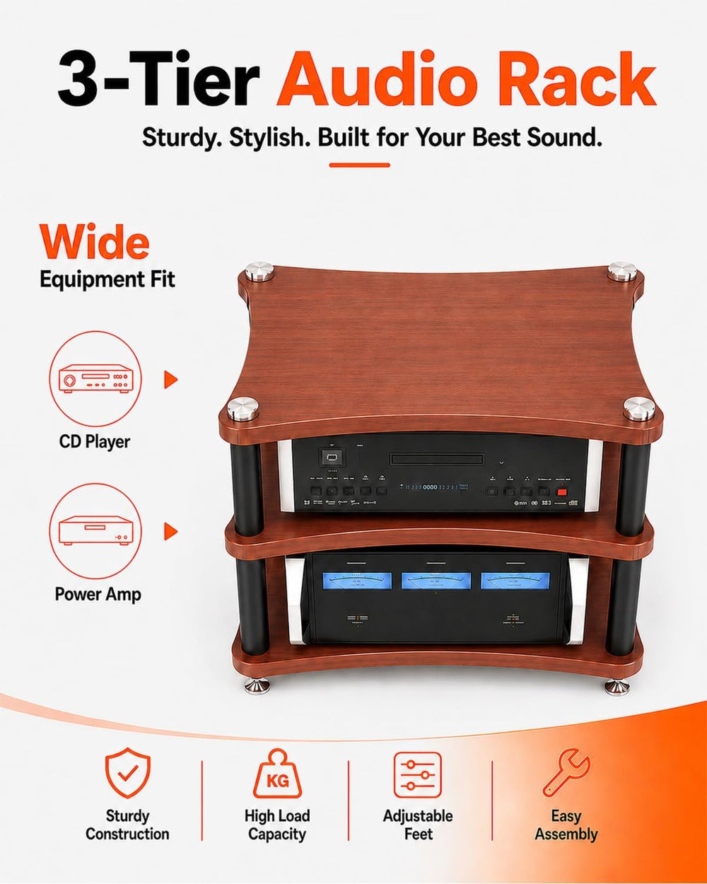 Heavy Duty 3-Tier AV Media Stand, 264 lb Load Capacity, Teak