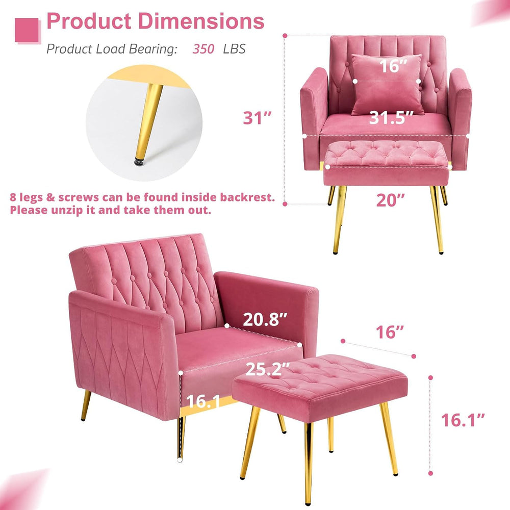 3 Pieces Velvet Sofa Set w/Adjustable Armrest &Backrest,Pink