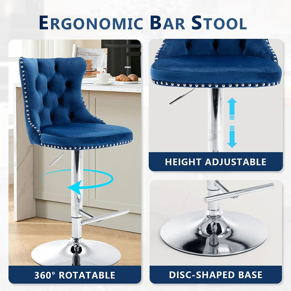 Velvet Bar Stool Set of 2, Adjustable Swivel Bar Stools with Silver Plated Me...