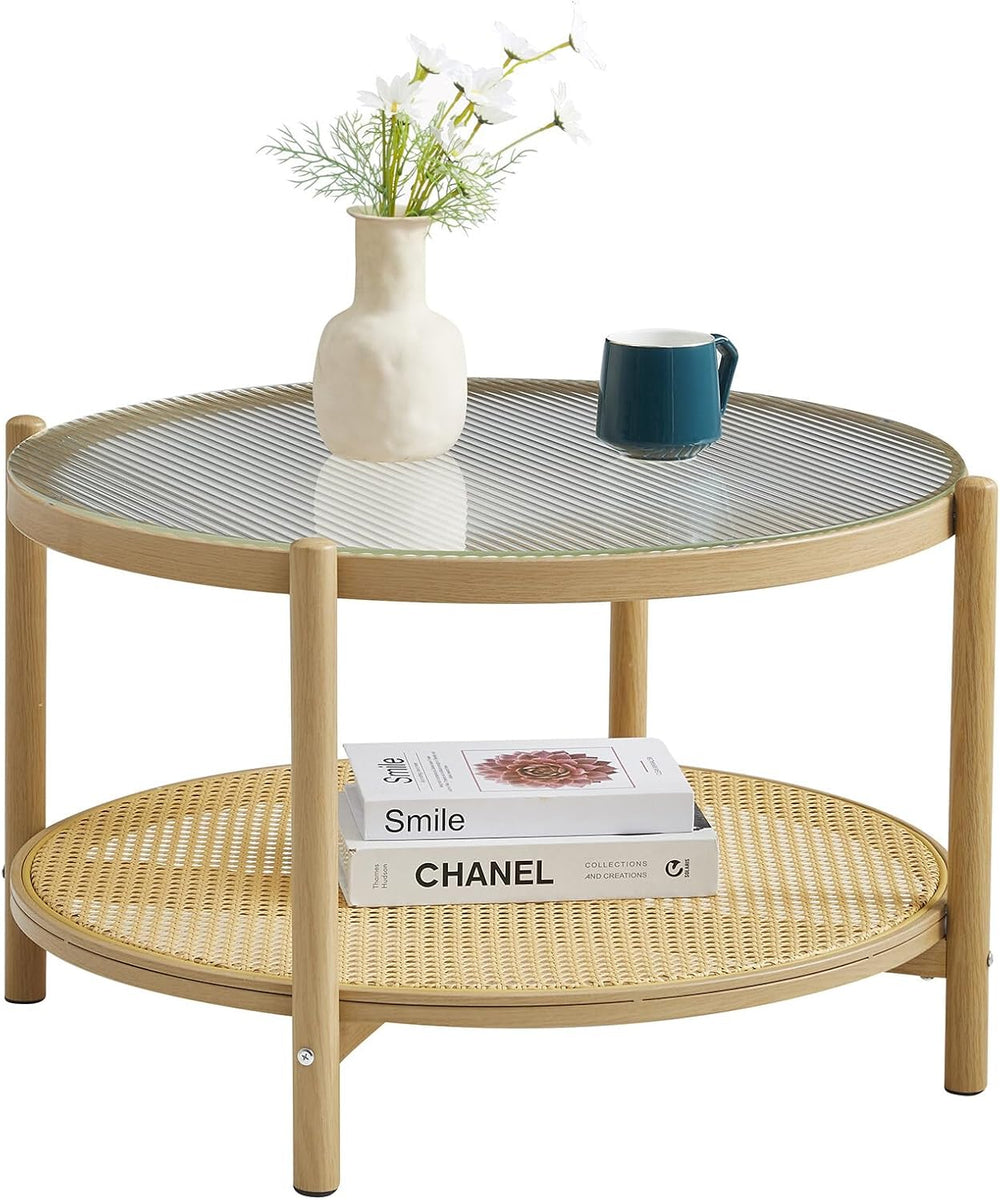 COSVALVE 27.5" Boho Rattan Coffee Table, Round Glass Metal Center Table