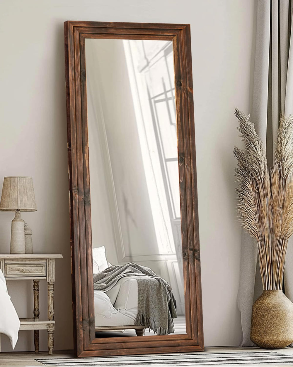 65x24in Full Length Mirror, 3-Tier Stepped Solid Wood Frame, Brown