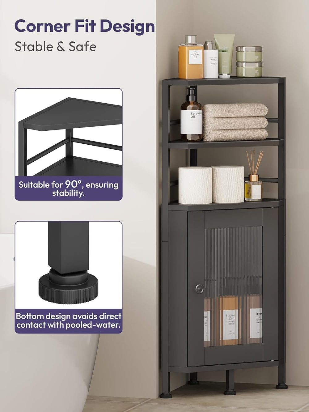 SWTYMIKI Small Corner Bathroom Cabinet - 9.84" x 31.1", Black