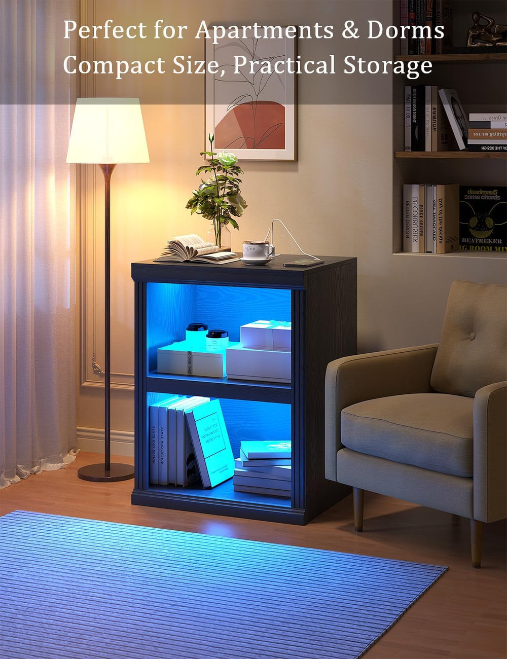 LED Nightstand with Charging Station, 2-Tier Bookcase, Black