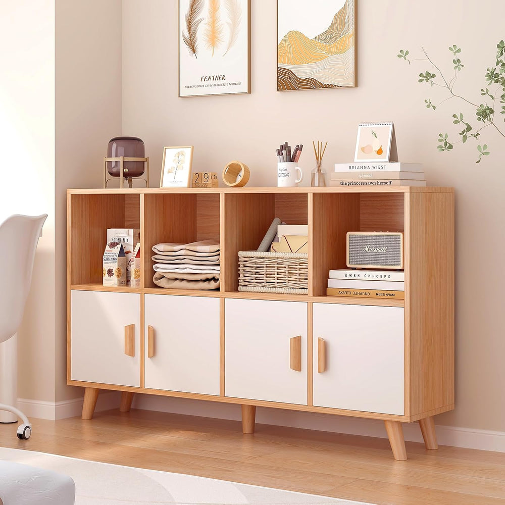 OSCHF 8-Cube Bookcase with Doors, 2-Tier Low Storage Cabient, Oak