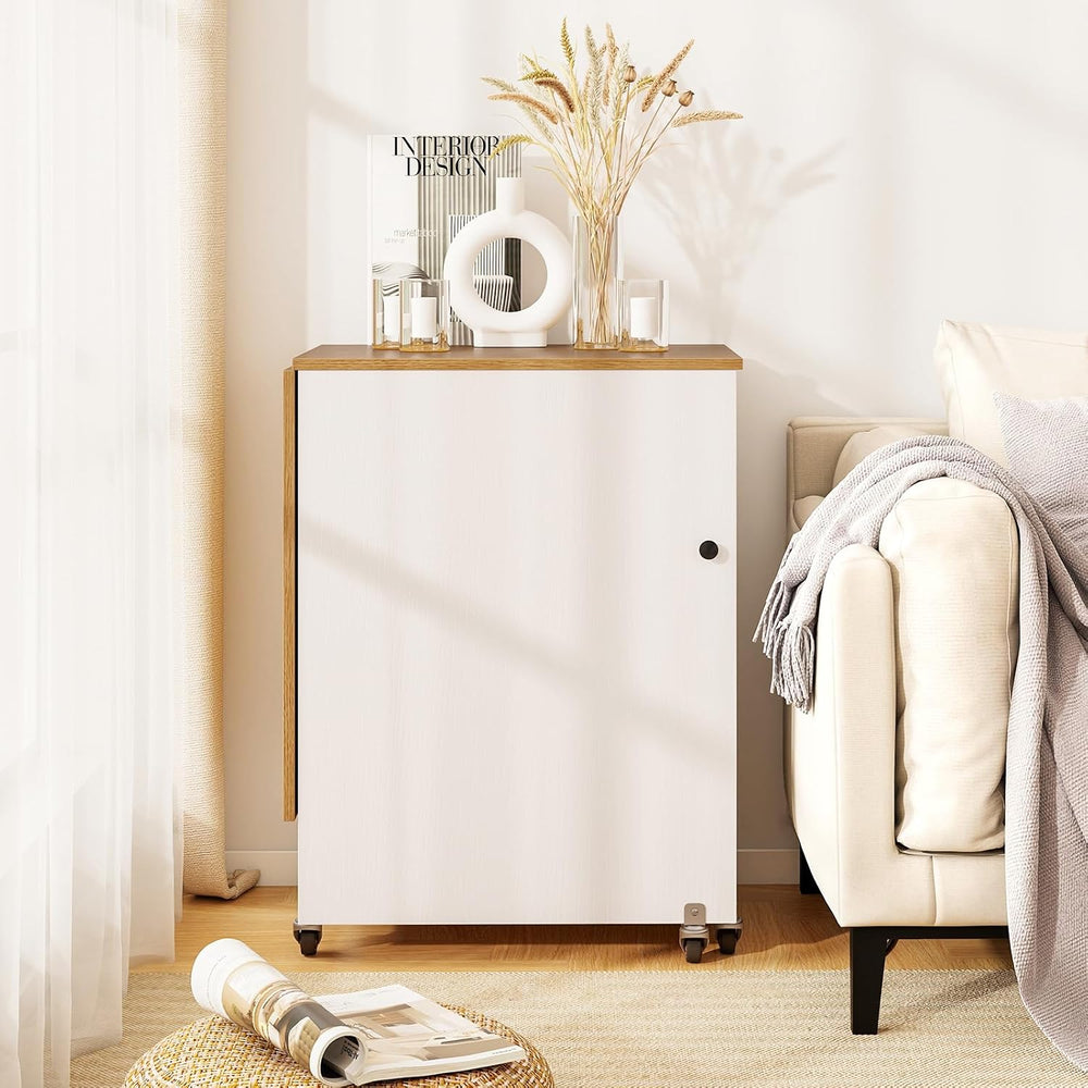 COSTWAY Folding Sewing Table with Charging Station, White & Natural