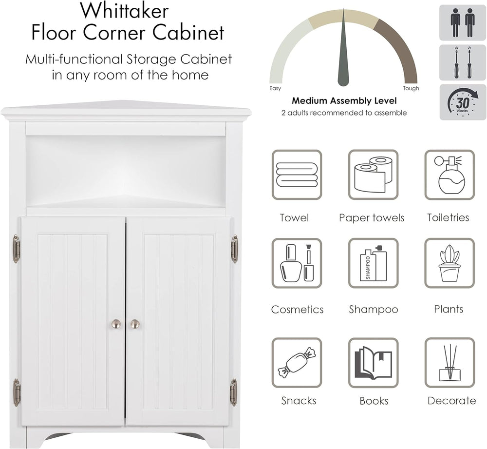 UTEX Corner Bathroom Cabinet with Doors and Adjustable Shelf, White