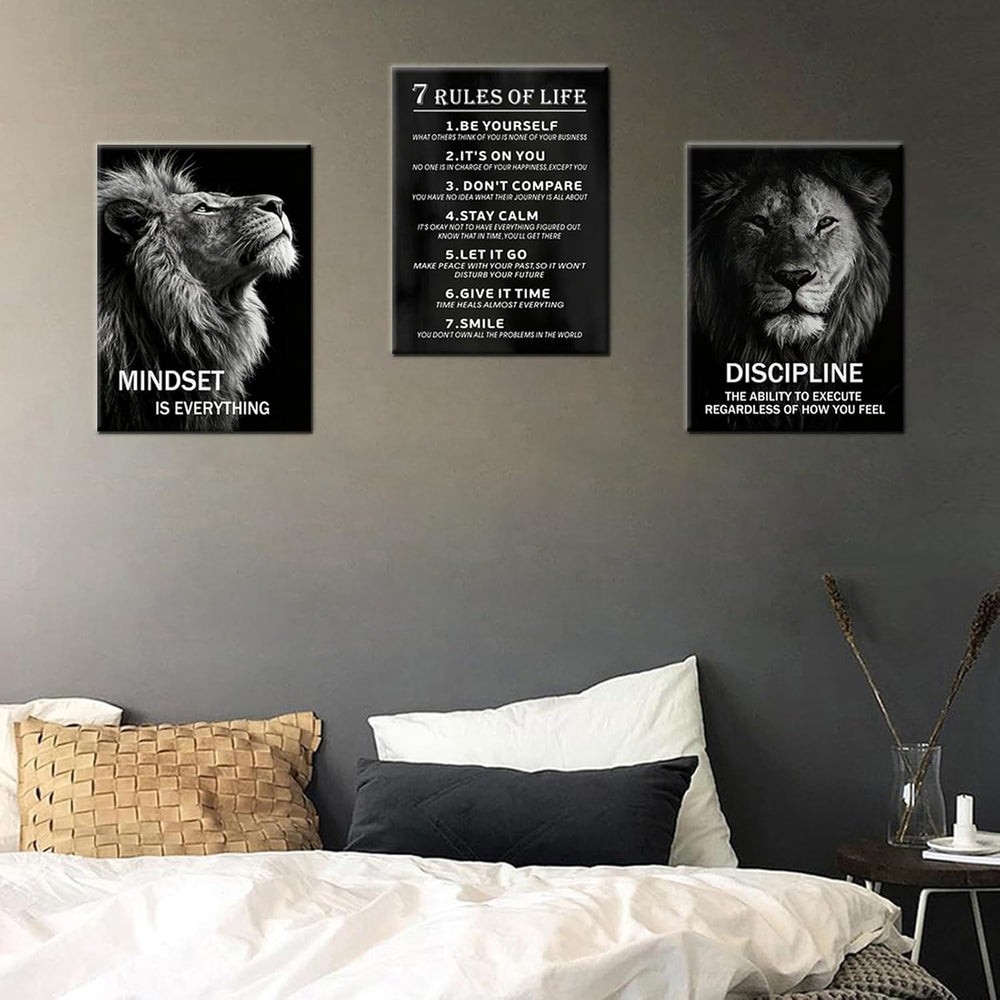 3 Pieces Lion Motivational Canvas Wall Art Mindset is Everything Inspirationa...