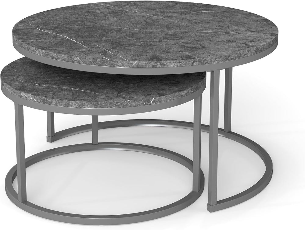Nesting Coffee Table Set of 2, 31.5" Round Coffee Table Wooden Marble Pa...