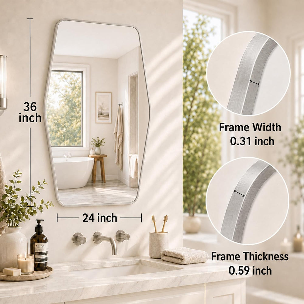 24x36 Inch Brushed Nickel Bathroom Vanity Mirror, Rounded Hexagon