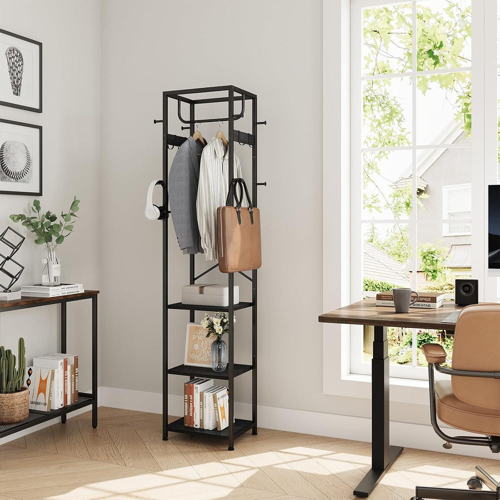 ELYKEN Coat Rack Freestanding, Hall Tree with 3 Shelves and 12 Hooks, Black