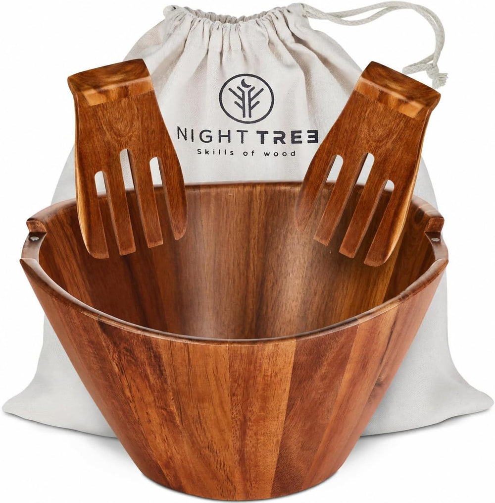 Night Tree Large Wooden Salad Bowl with Serving Utensils, 11.5 Inch Set