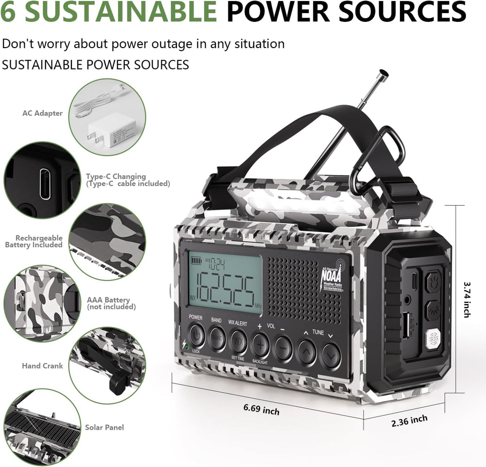 NOAA Emergency Weather Radio with Auto Alert, Solar Hand Crank, 12000mAh
