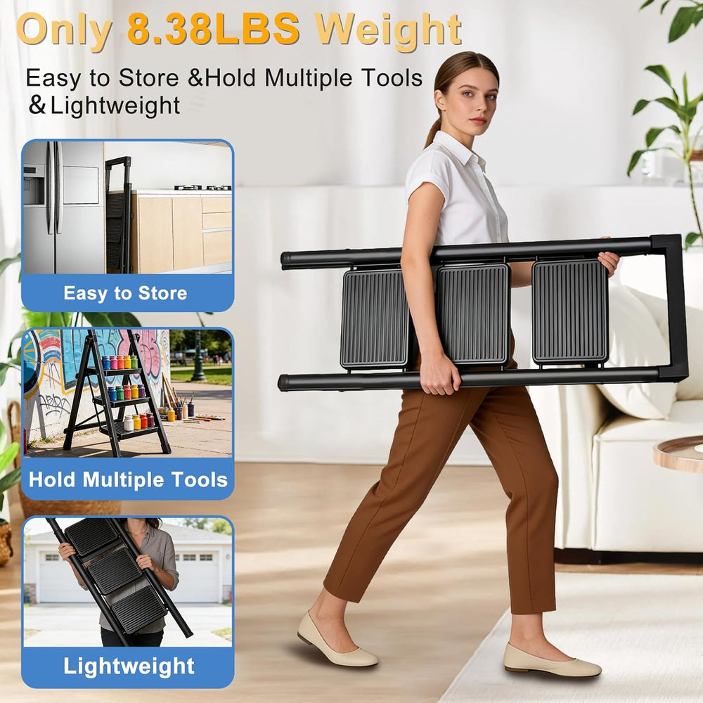 3 Step Ladder with Handrail Folding Step Stool with Tool Tray