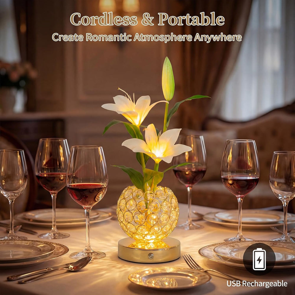 Stargazer Lily Crystal Table Lamp, Rechargeable Touch Flowers Lamp