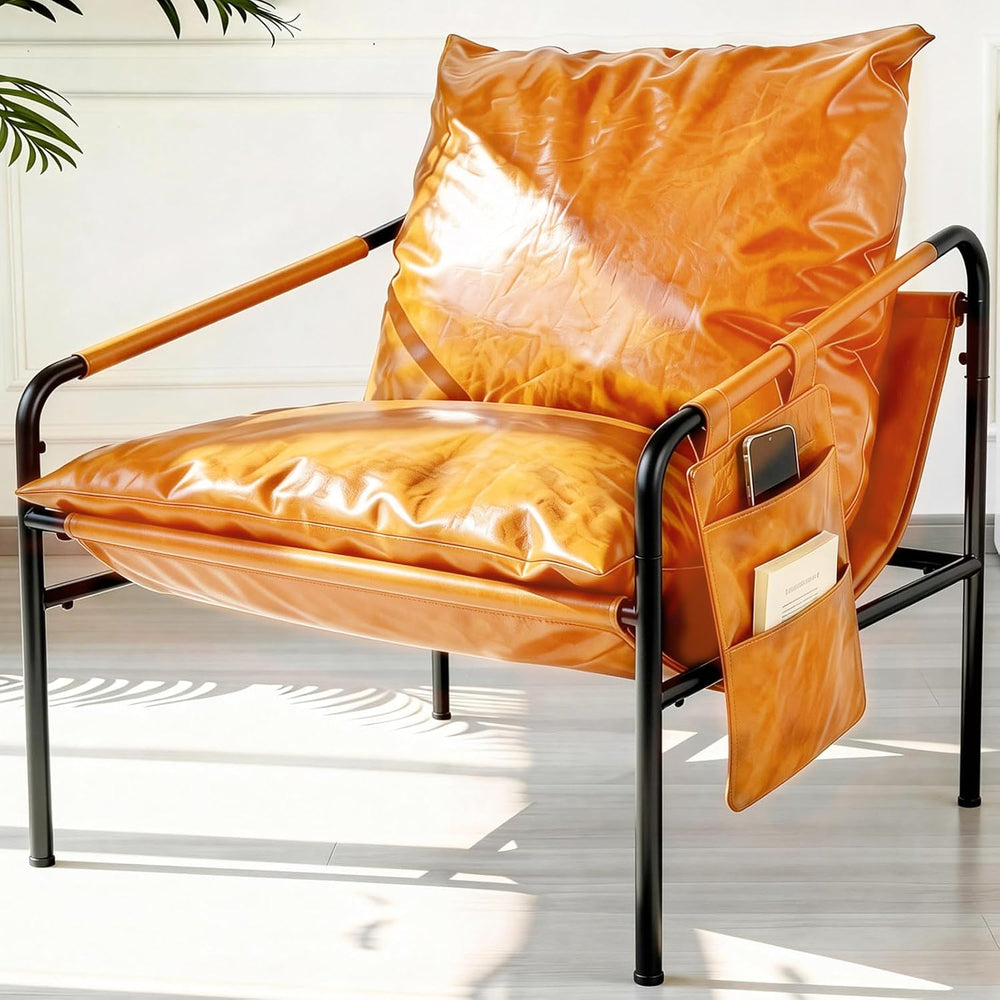 Modern Bright Orange Oversized Faux Leather Chair, Recliner Armchair, Comfy A...