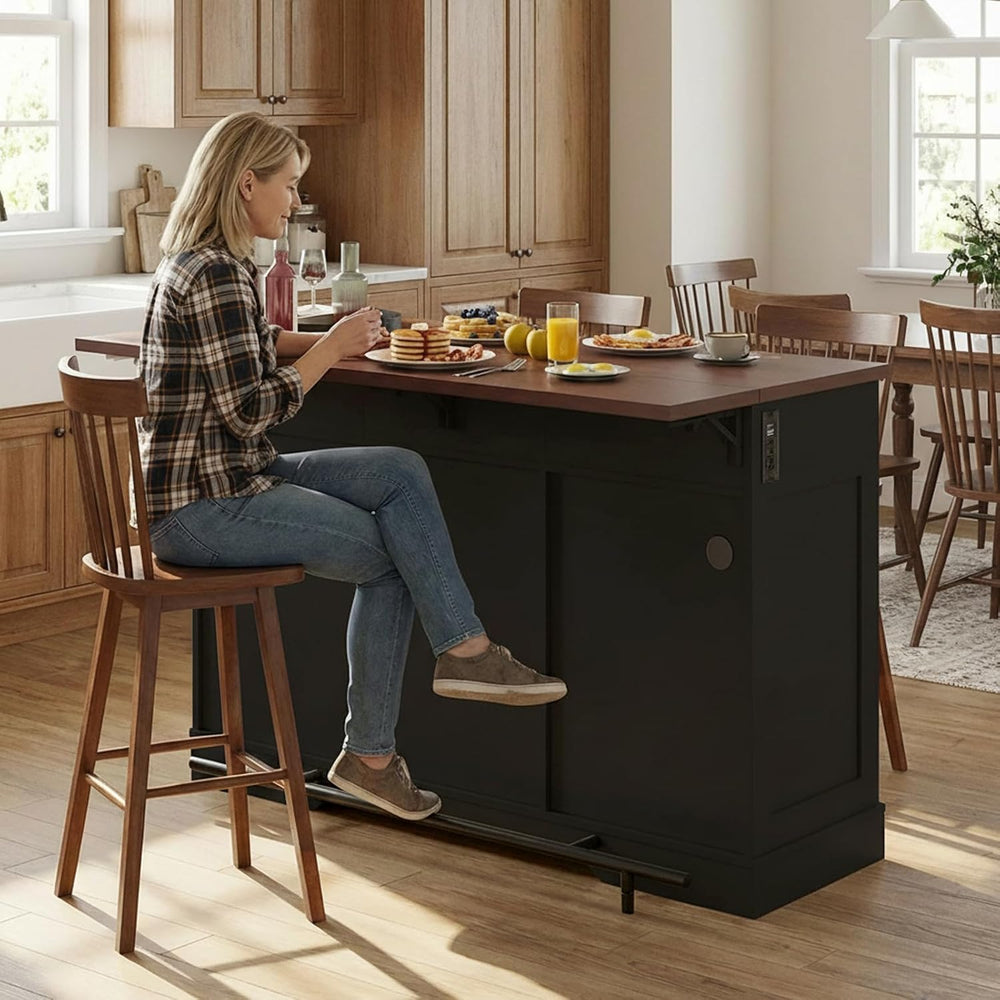 Kikihouse 55" Kitchen Island Table with Power Outlet & Drop Leaf, Black