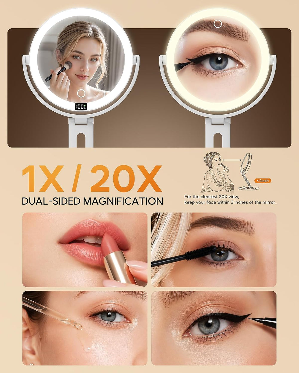 20X Travel Makeup Mirror with Lights, Double-Sided Magnifying Mirror
