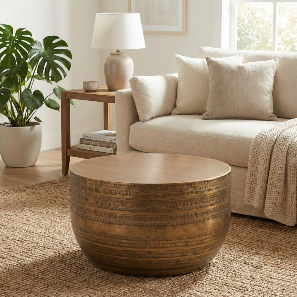 Albany Living Hammered Aluminum Drum Coffee Table, Brass Finish