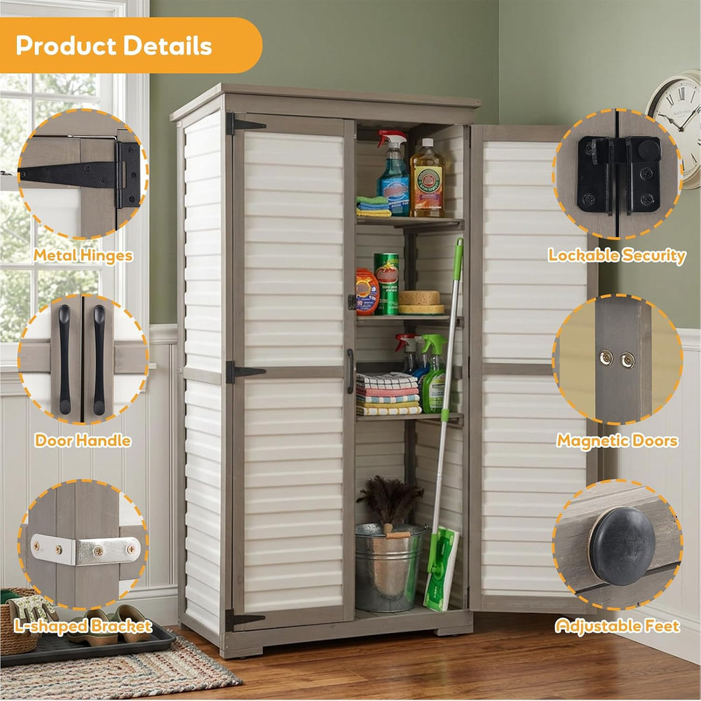 PetsCosset Outdoor Storage Cabinet with Shelves, Wood & Plastic Garden Sh...