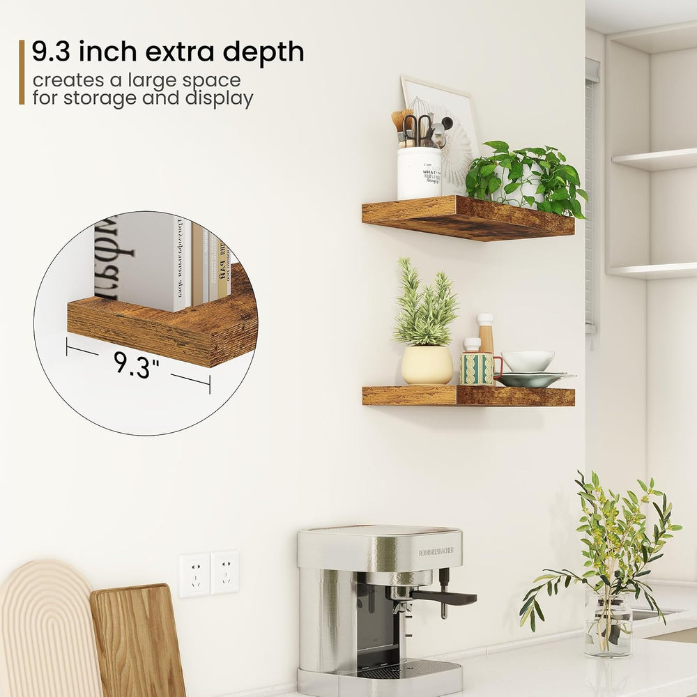 Deep Floating Shelves - 16" W x 9.3" D x 1.6" H Rustic Brown W...
