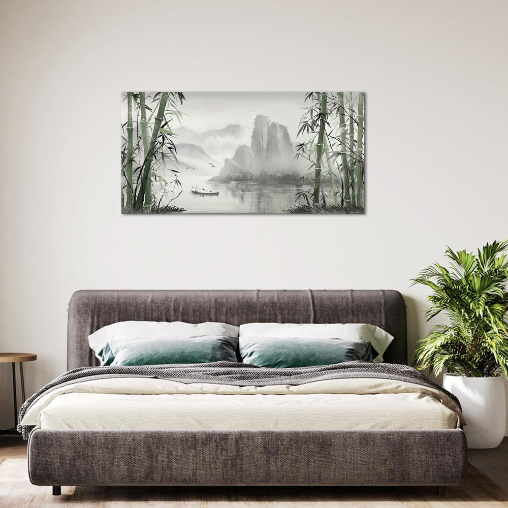 Biuteawal Black and White Nature Landscape Wall Art Green Bamboo Picture Canv...