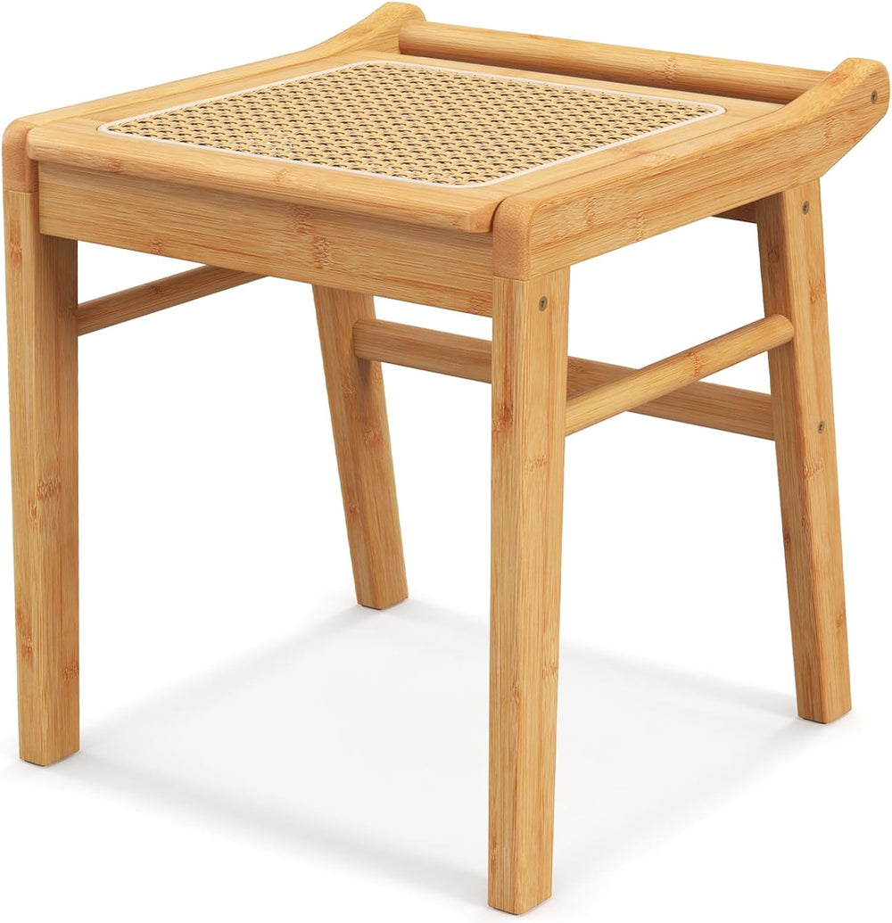 CHARMAID Vanity Stool, Bamboo Ottoman Foot Rest with Rattan Seat, Anti-Slip F...