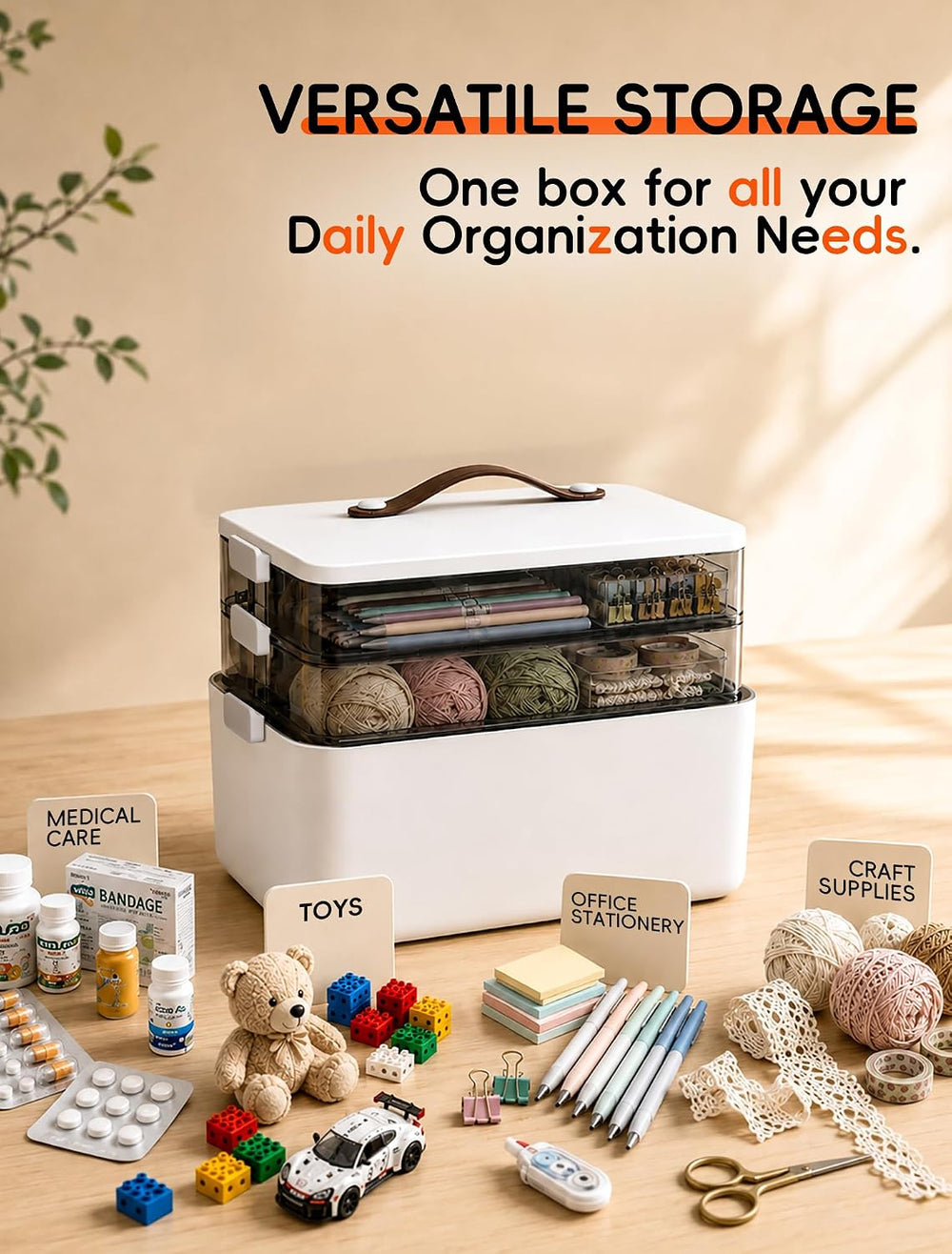 Medicine Organizer Box, 3-Tier Medicine Storage Box with Clear Trays and Carr...