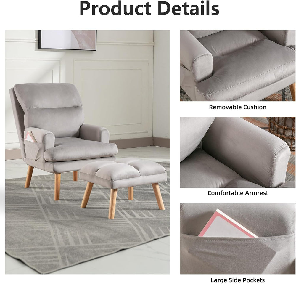 IOMOR Accent Chair with Ottoman, Velvet Fabric Chair Armchair with Adjustable...