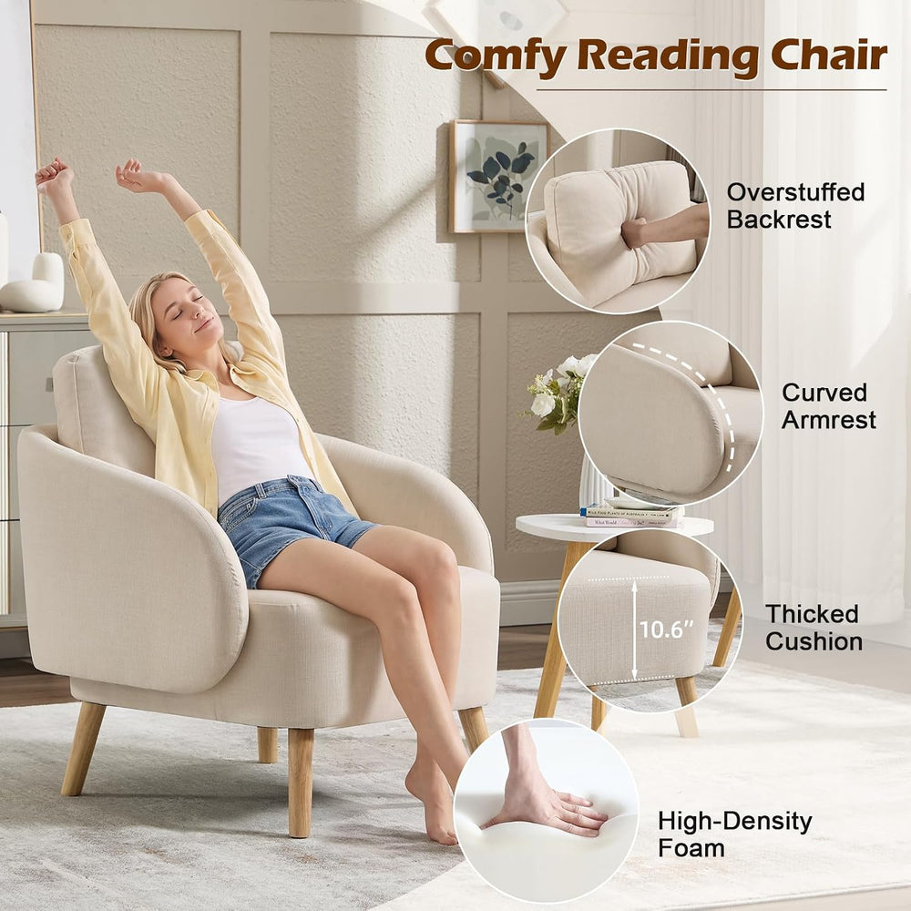 ANJ Premium Linen Accent Chair with Curved Arms, Mid-Century Modern Upholster...