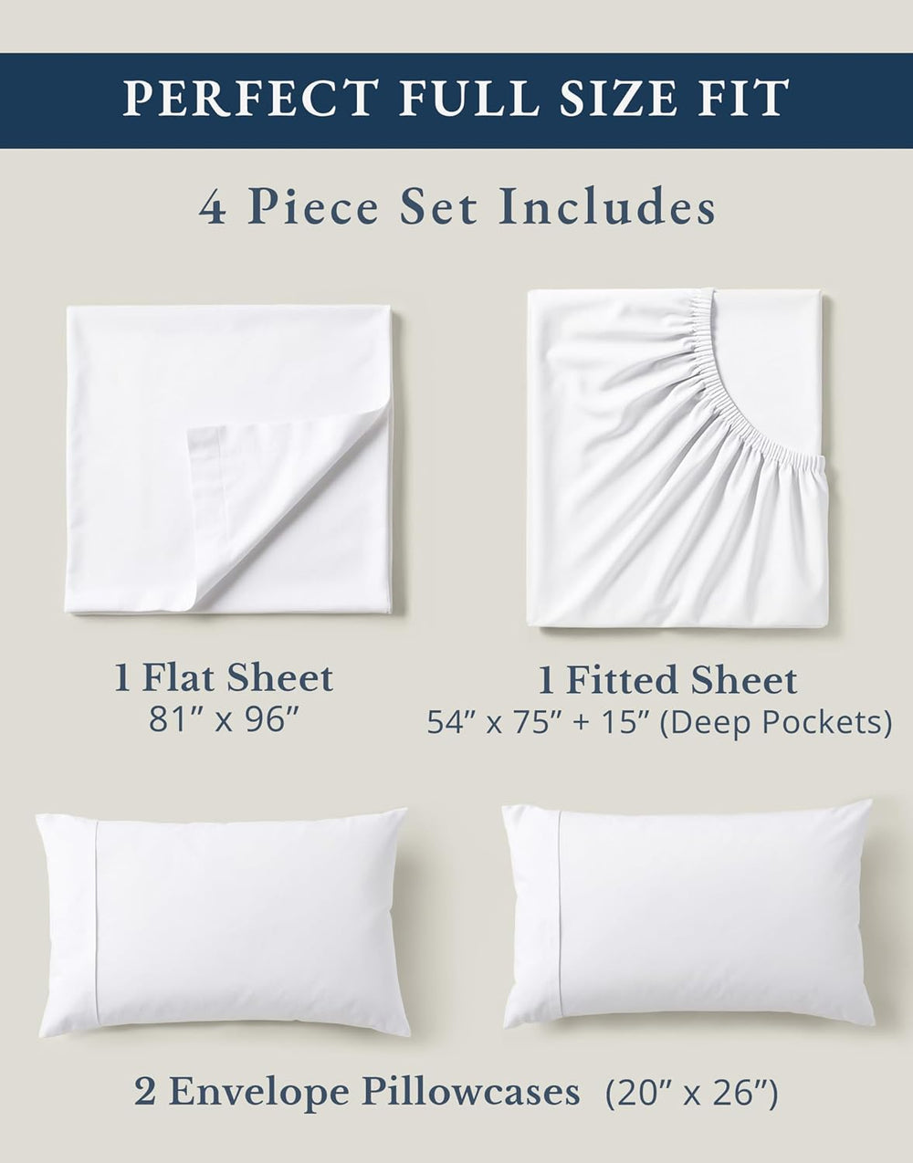 LANE LINEN Full Size Sheets 100% Organic Cotton 4pc Percale Cooling - White