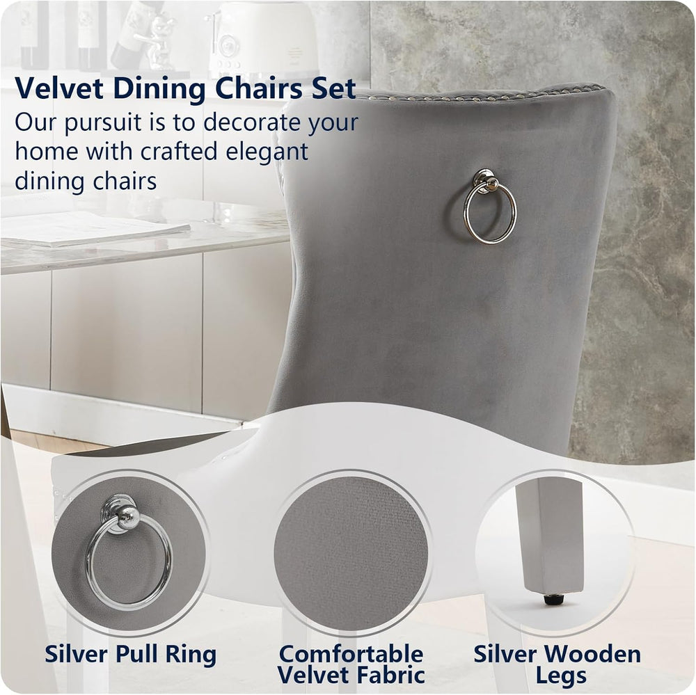 Grey Velvet Dining Chairs Set of 4, Ring Pull, Silver Solid Wood Legs