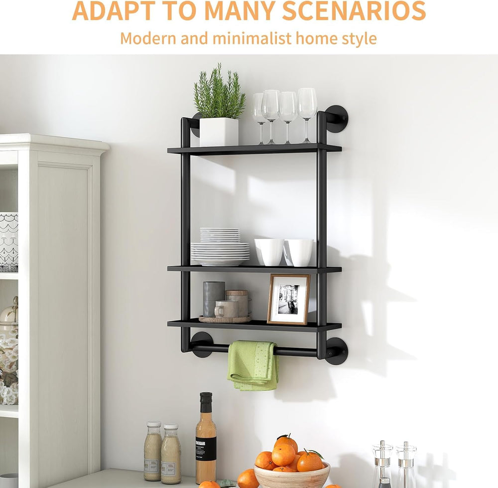 STWWO Bathroom Shelves Wall Mounted, 3 Tier Black Bathroom Shelf with Bar