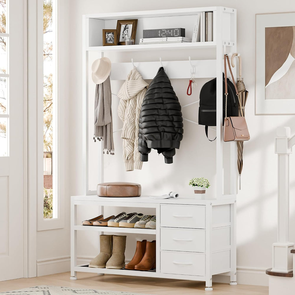 Hall Tree with Bench & 3 Drawers Storage 31.5" Coat Rack Entryway Or...