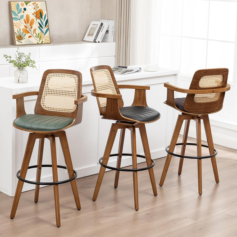 WUPOTO Mid Century Modern Bar Stools with Rattan Back
