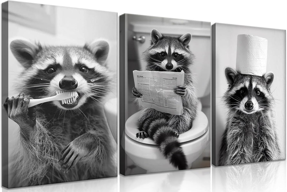 3Pcs Adorable Raccoon Bathroom Wall Art Black and White Animal Posters Prints...