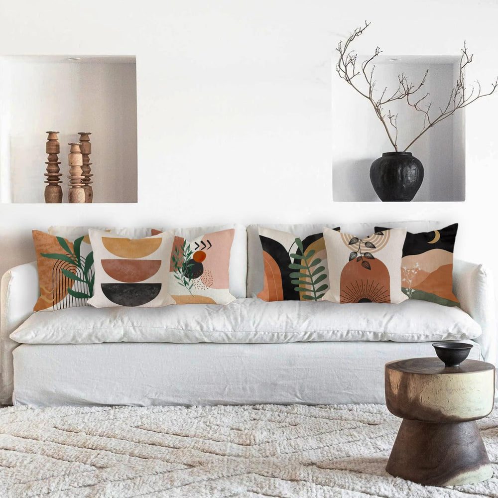 Boho Mid Century Modern Throw Pillow Covers Set of 6, Sun Moon Leaves Arch Ab...
