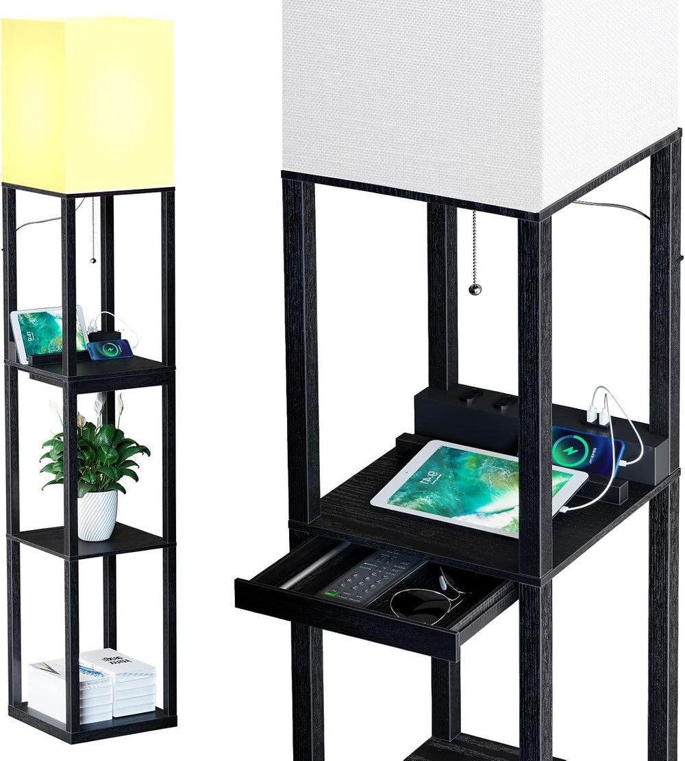 SUNMORY Floor Lamp with Shelves, Solid Wood Shelf Lamps for Living Room